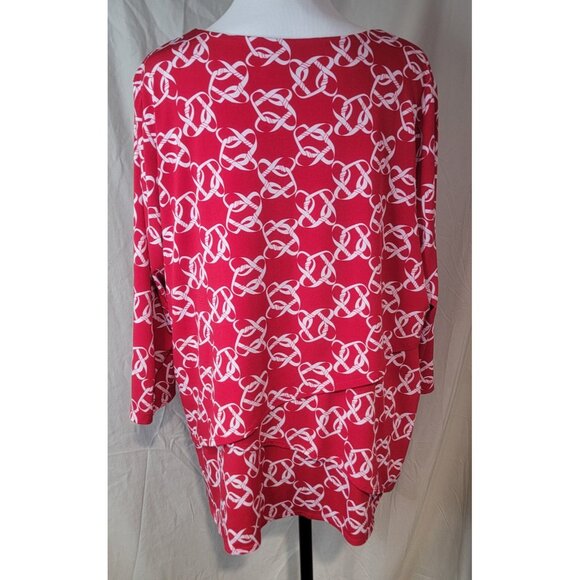 Susan Graver Womens 1X Red White Blouse Top Chainlink Layered 3/4 Sleeve Stretch - Picture 8 of 15